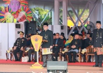 Gubernur Jakarta Pramono Anung saat memberikan sambutan di HUT ke498 Kota Jakarta