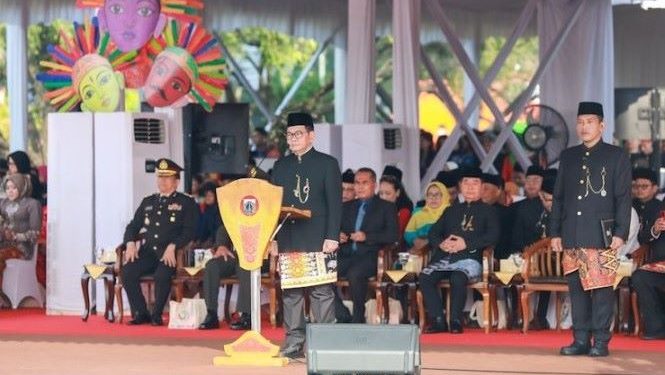 Gubernur Jakarta Pramono Anung saat memberikan sambutan di HUT ke498 Kota Jakarta